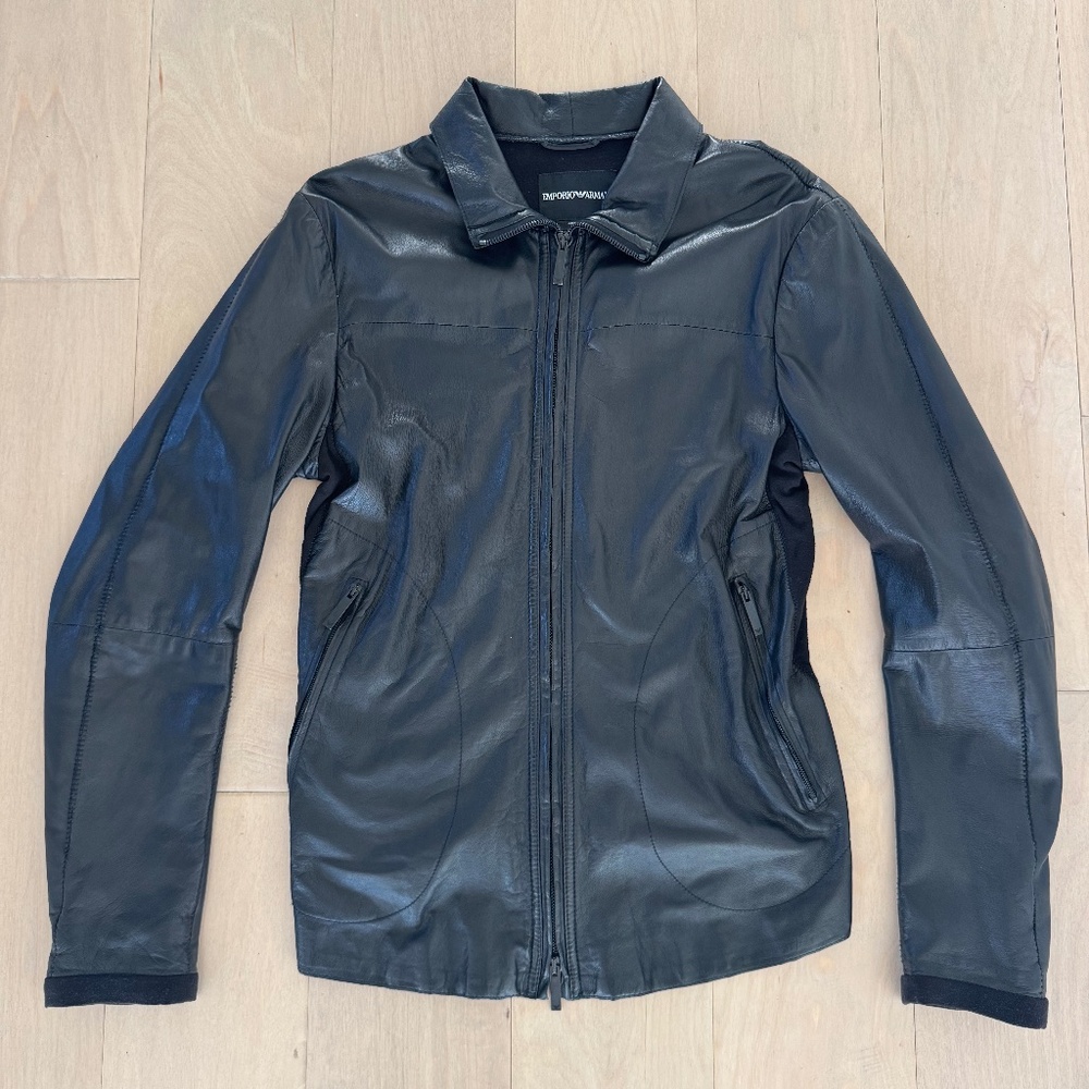 Emporio Armani Black Leather & Wool Moto Jacket Size 48